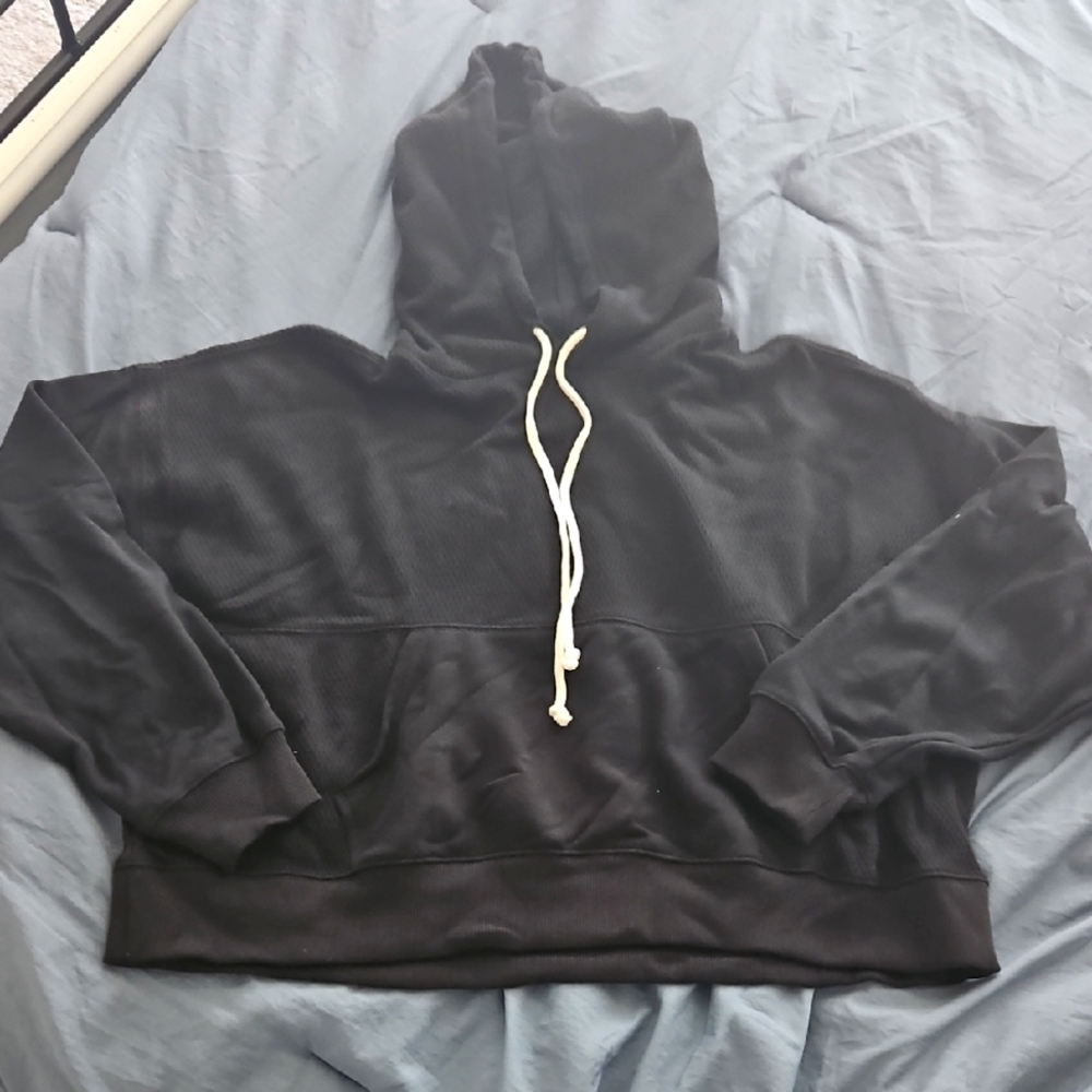 Aerie Black Crop Textured Knit Hoodie